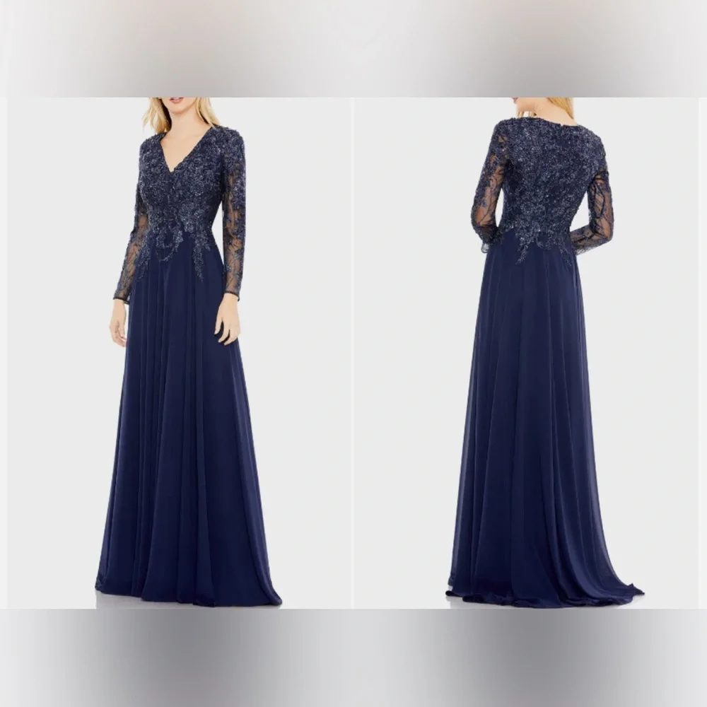 NWT Mac Duggal High Neck Mesh Long Sleeve Embellished A Line Gown 20388 Size 8
